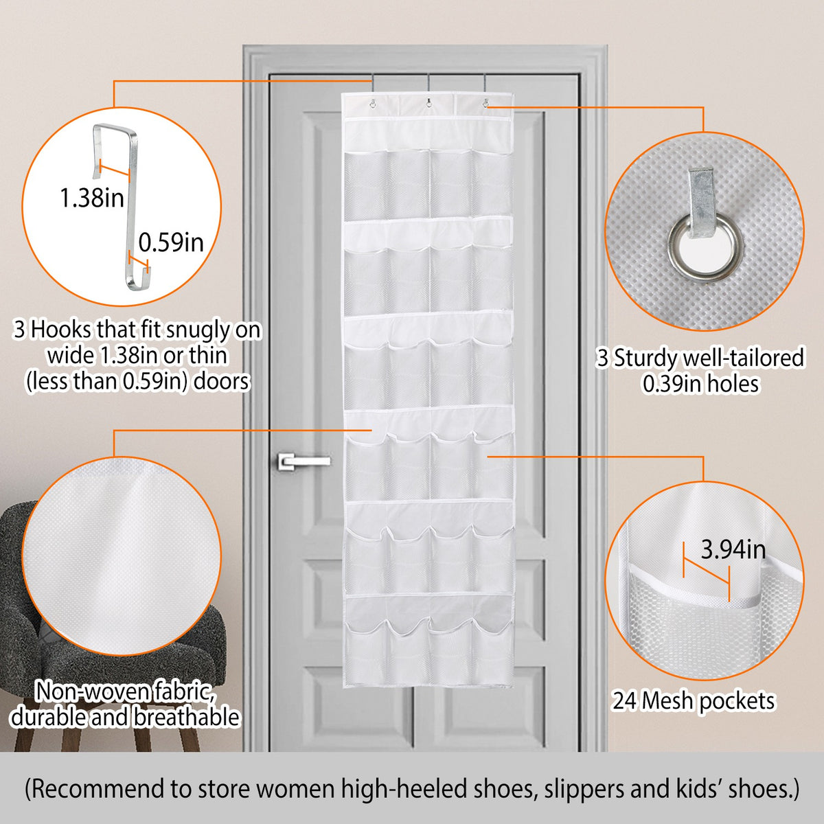Diagram of the organizer's three metal hooks and its non-woven fabric with 24 mesh pockets