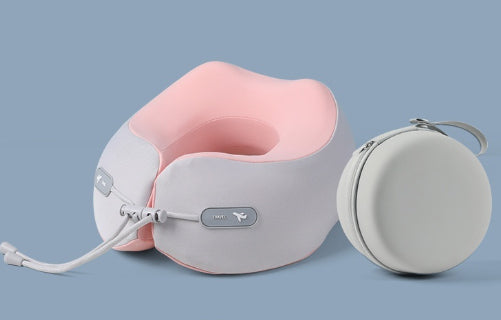 Pink neck pillow with its storage case