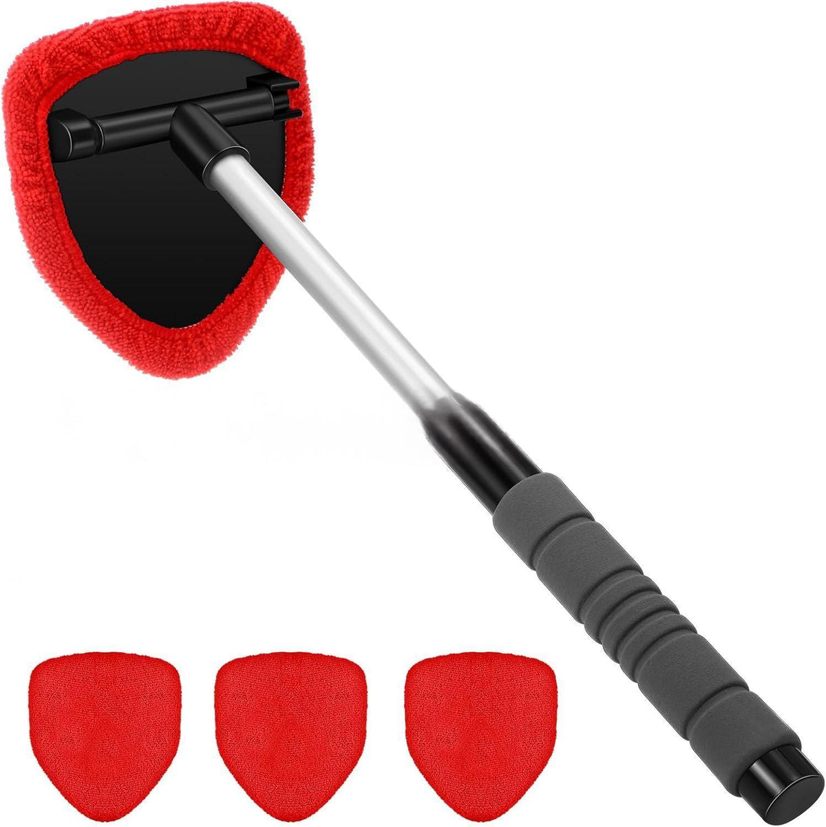 Extendable windshield cleaning tool with a red microfiber head and three spare red pads