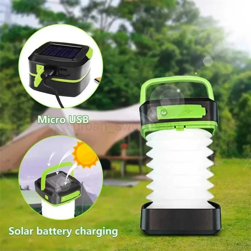 Opened-out lantern with a micro-USB cable and sunlight shown as charging options