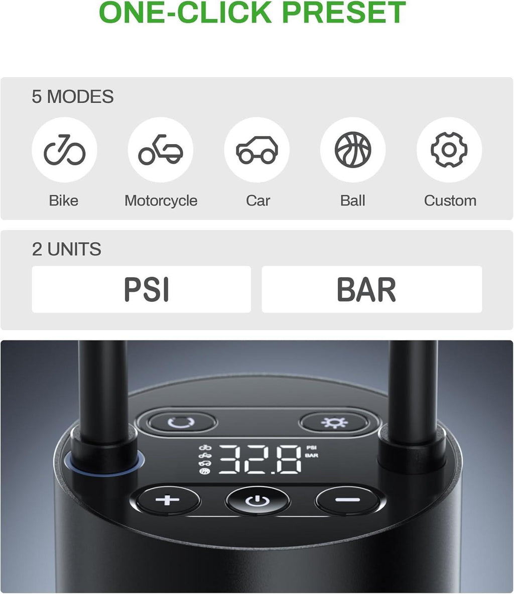 Preset modes for bike, motorcycle, car, ball and custom, PSI or BAR units, and the inflator's digital display.