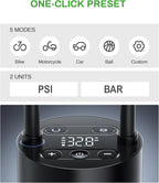 Preset modes for bike, motorcycle, car, ball and custom, PSI or BAR units, and the inflator's digital display.