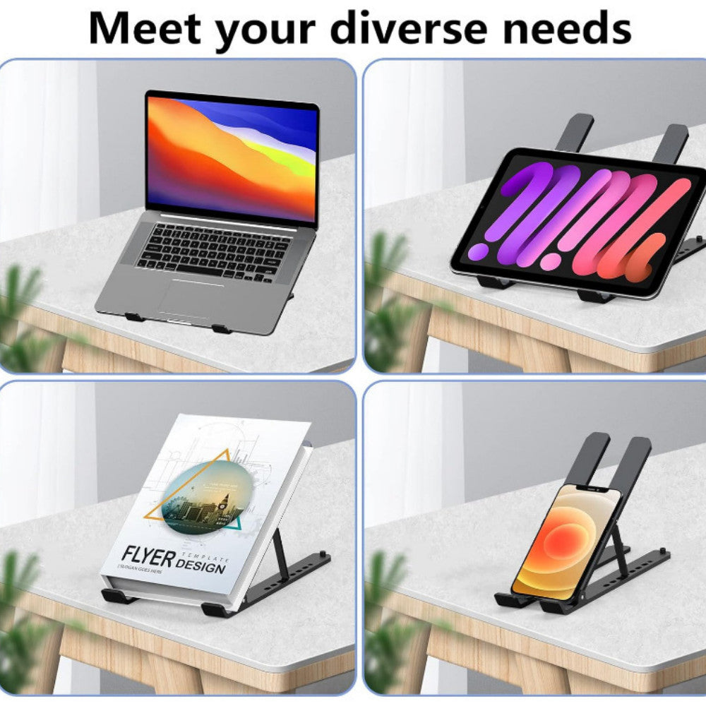 Laptop stand holding a laptop, a tablet, a book and a phone