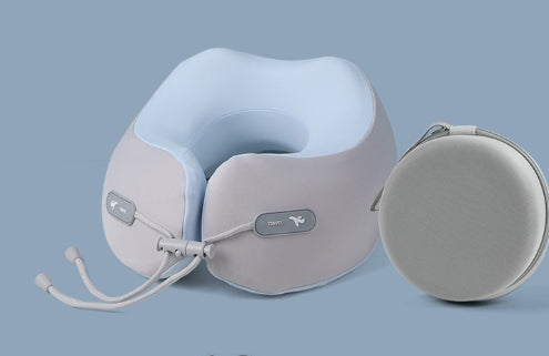 Light blue neck pillow with its storage case