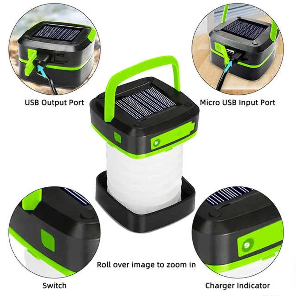 Parts diagram of the lantern's USB output port, micro-USB input port, switch and charge indicator