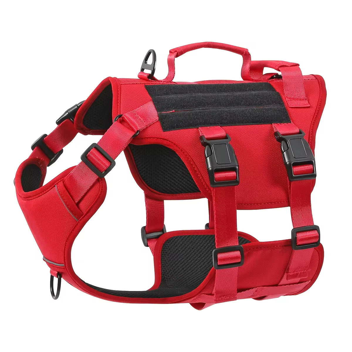 Red adjustable reflective dog harness with two handles