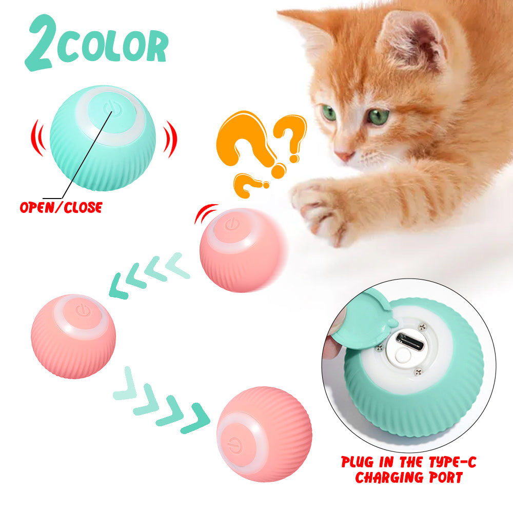 Green and pink rolling cat balls with charging-port and movement illustrations