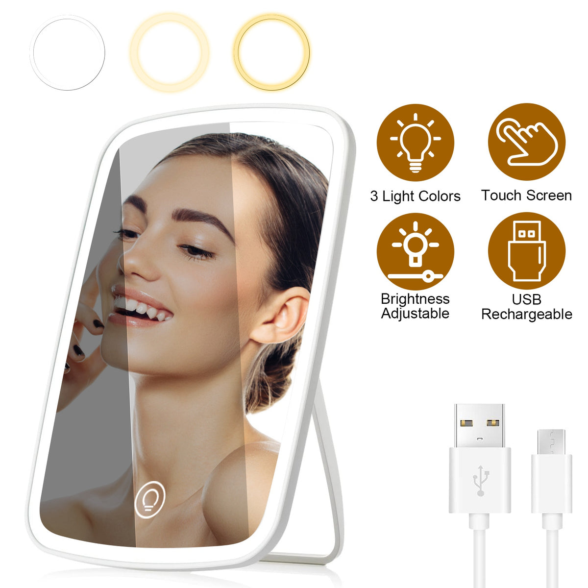 Mirror with its USB charging cable and icons for 3 light colors, touch control, adjustable brightness and USB charging