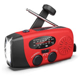 Red radio with hand crank, antenna, top solar panel and front flashlight