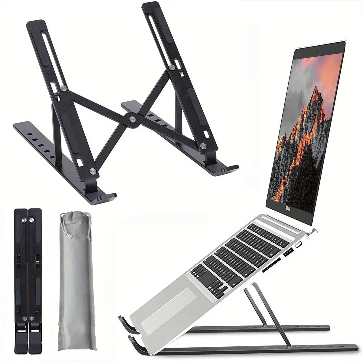 Laptop stand shown opened, folded and holding a laptop