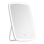 White rectangular makeup mirror with touch control and folding tabletop stand