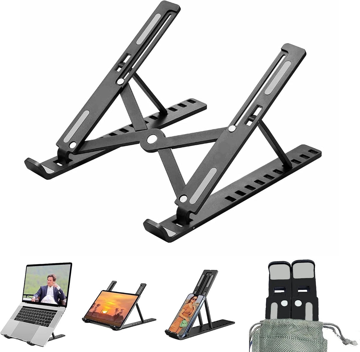 Laptop stand opened, with small pictures of it holding different devices and folded