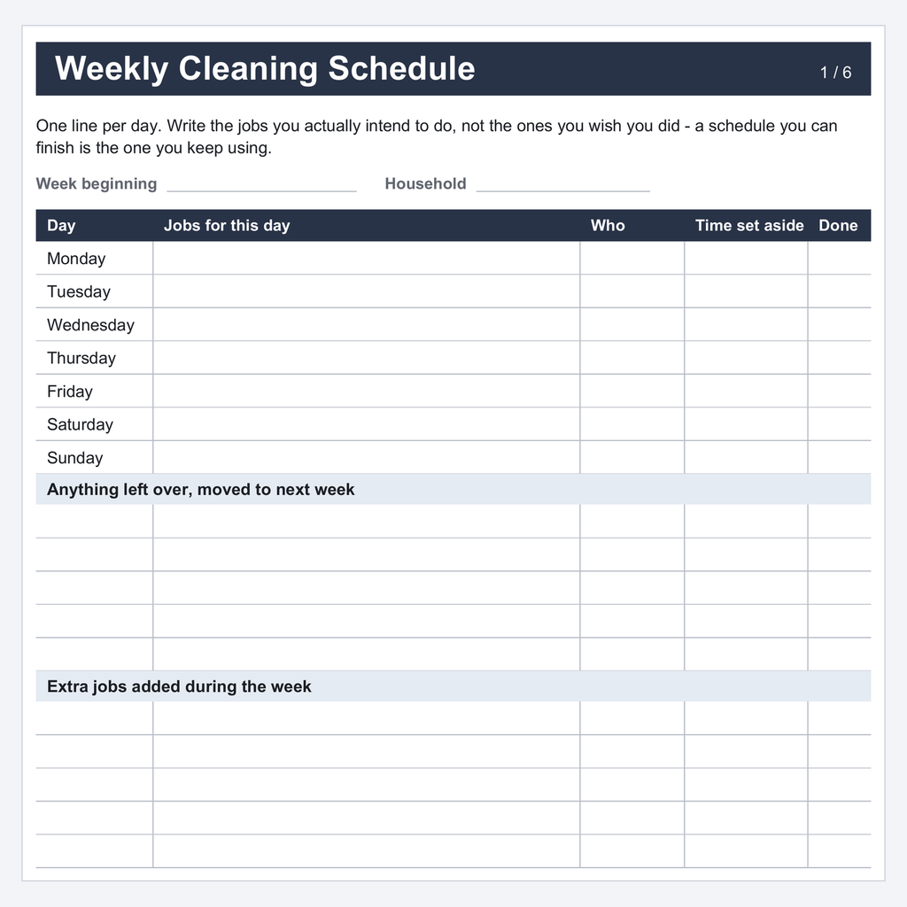 Actual blank page 1 of the Home Cleaning Routine Planner, the Weekly Cleaning Schedule, shown from the US Letter PDF (upper part of the page): a line for each day, Monday to Sunday, with columns for the jobs, who, time set aside and done, then blocks for anything moved to next week and extra jobs added during the week. The pages are printed and filled in by hand.