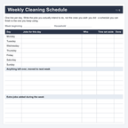 Actual blank page 1 of the Home Cleaning Routine Planner, the Weekly Cleaning Schedule, shown from the US Letter PDF (upper part of the page): a line for each day, Monday to Sunday, with columns for the jobs, who, time set aside and done, then blocks for anything moved to next week and extra jobs added during the week. The pages are printed and filled in by hand.