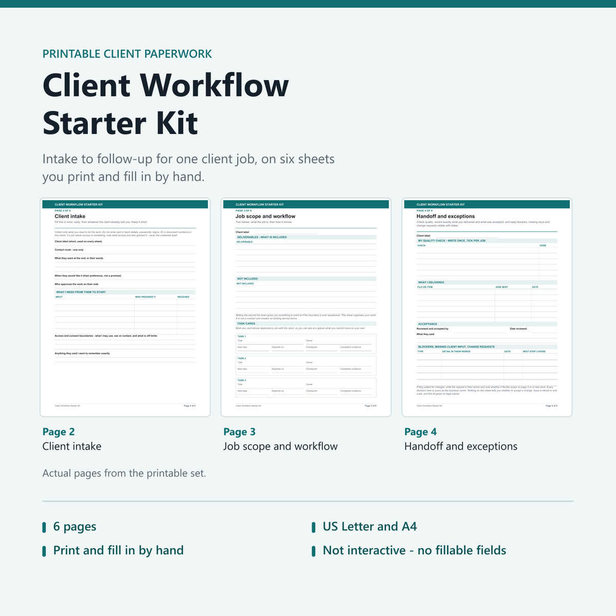 Client Workflow Starter Kit product image showing three real pages from the printable set - page 2 Client intake, page 3 Job scope and workflow, page 4 Handoff and exceptions - above the facts: 6 pages, US Letter and A4, print and fill in by hand, not interactive with no fillable fields.