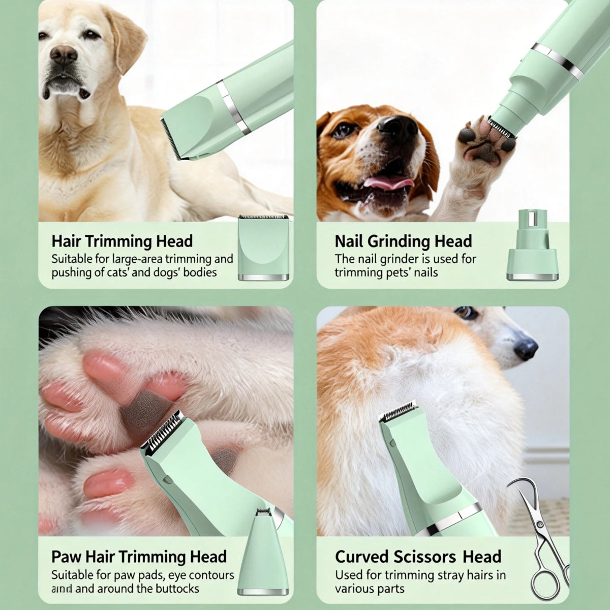 Each head in use on dogs, for body trimming, nails, paw pads and shaping