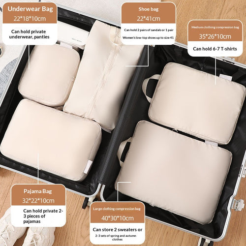 Beige travel packing organizers arranged inside an open suitcase with size labels