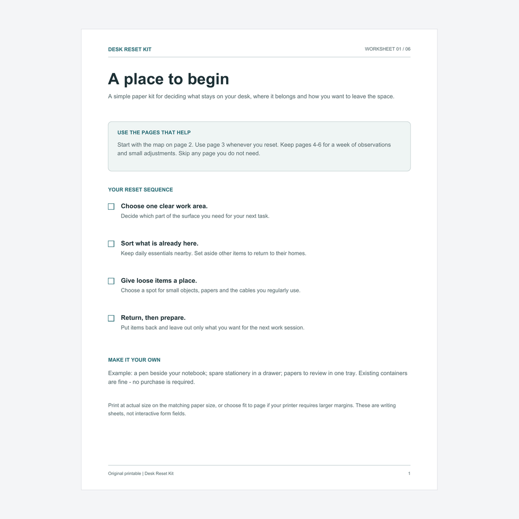 Desk Reset Kit worksheet sample: A place to begin, showing the four-step reset sequence.