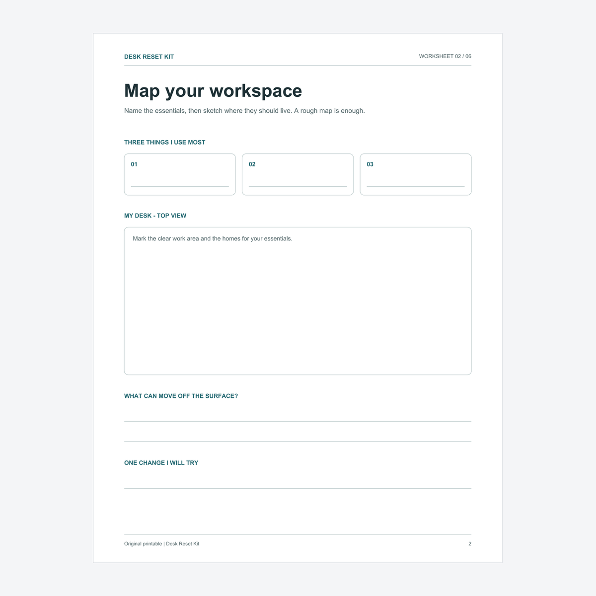 Desk Reset Kit worksheet sample: Map your workspace, with writing boxes and a desk sketch area.
