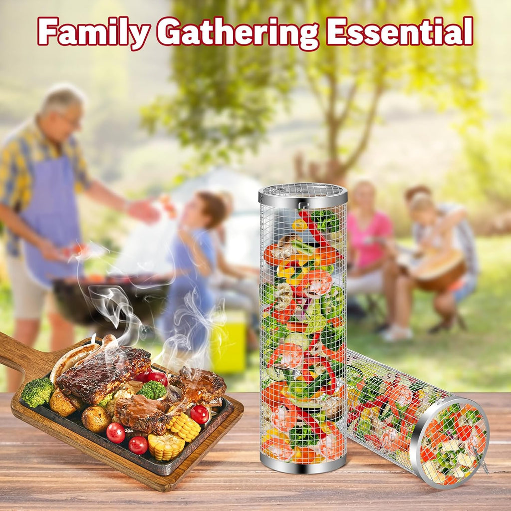 Rolling grill basket filled with vegetables at a family barbecue