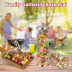 Rolling grill basket filled with vegetables at a family barbecue