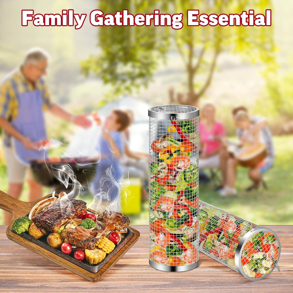 Rolling grill basket filled with vegetables at a family barbecue