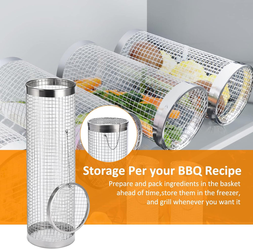 Rolling grill baskets packed with food