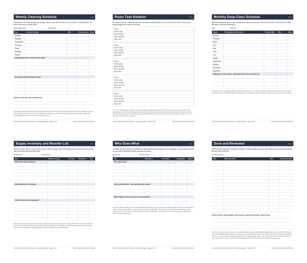 Preview showing all six printable worksheet pages of the Home Cleaning Routine Planner