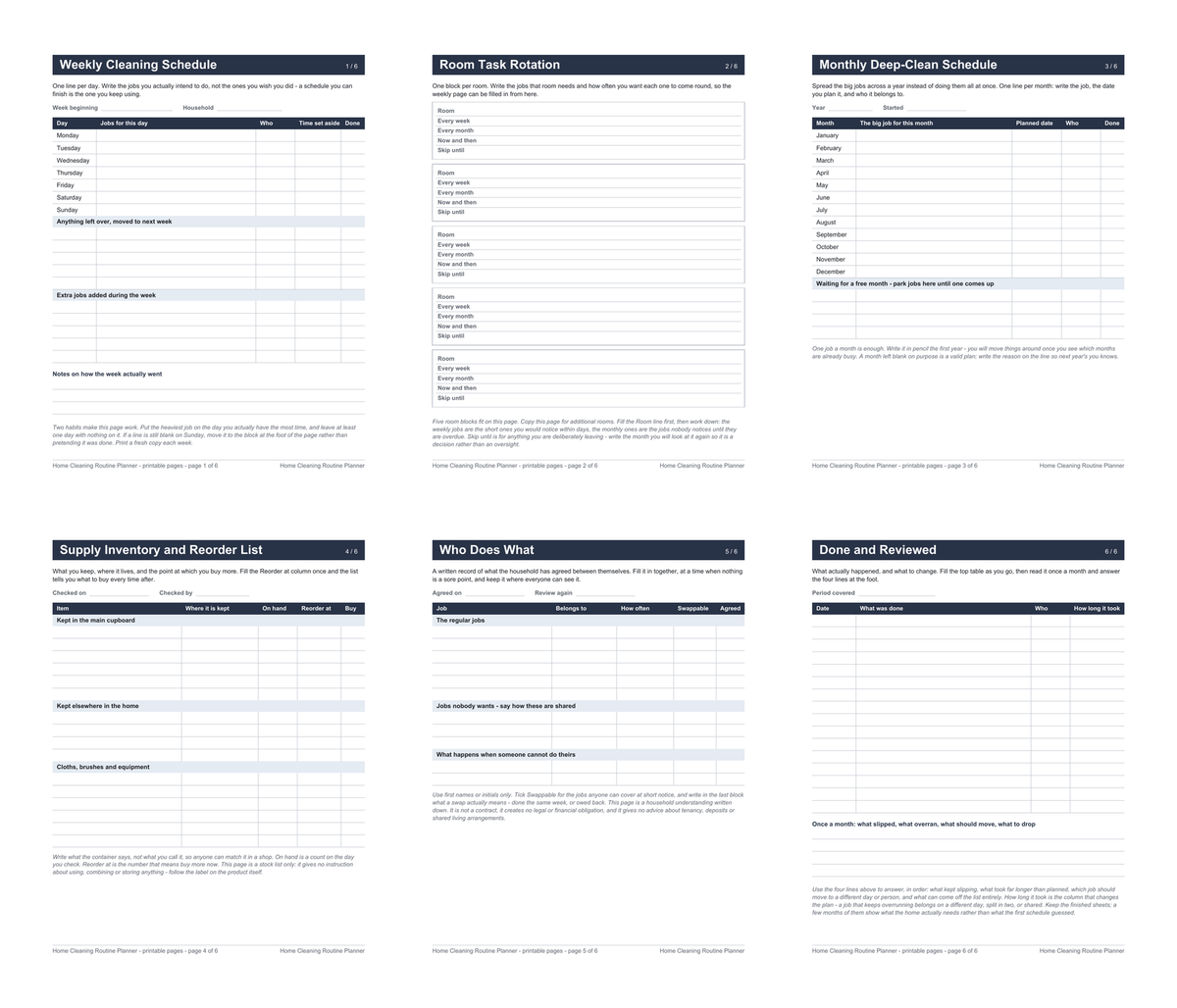 Preview showing all six printable worksheet pages of the Home Cleaning Routine Planner