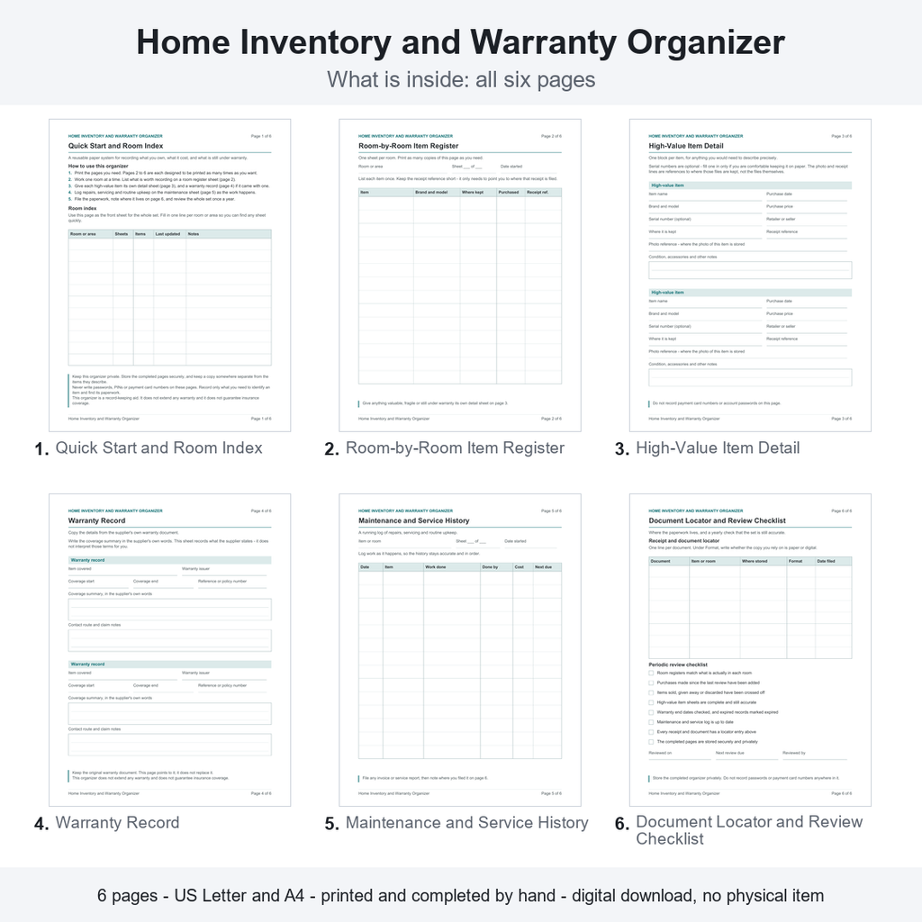 All six actual pages of the Home Inventory and Warranty Organizer: Quick Start and Room Index; Room-by-Room Item Register; High-Value Item Detail; Warranty Record; Maintenance and Service History; Document Locator and Review Checklist. Printable PDF, US Letter and A4. Digital download, no physical item.