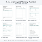 All six actual pages of the Home Inventory and Warranty Organizer: Quick Start and Room Index; Room-by-Room Item Register; High-Value Item Detail; Warranty Record; Maintenance and Service History; Document Locator and Review Checklist. Printable PDF, US Letter and A4. Digital download, no physical item.
