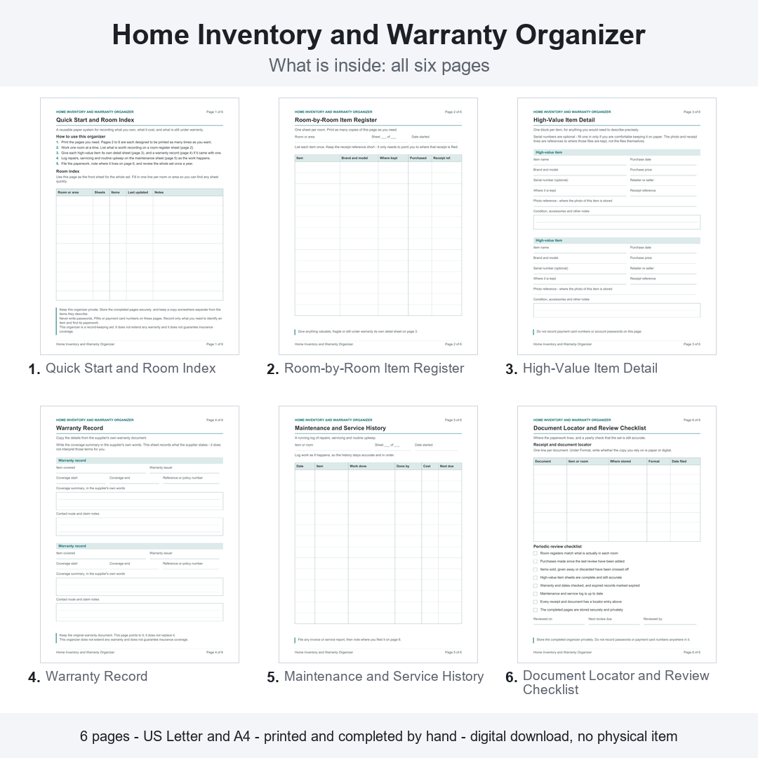 All six actual pages of the Home Inventory and Warranty Organizer: Quick Start and Room Index; Room-by-Room Item Register; High-Value Item Detail; Warranty Record; Maintenance and Service History; Document Locator and Review Checklist. Printable PDF, US Letter and A4. Digital download, no physical item.