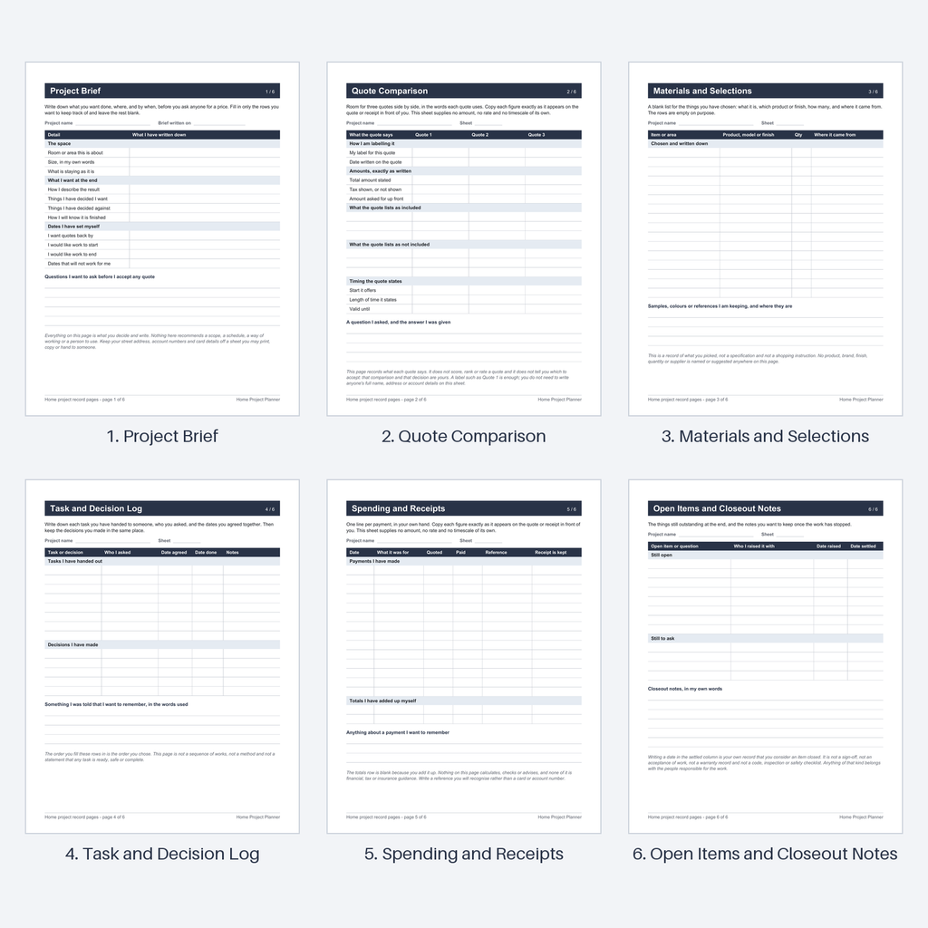 All six actual blank pages of the Home Project Planner US Letter PDF, in order: 1. Project Brief, 2. Quote Comparison, 3. Materials and Selections, 4. Task and Decision Log, 5. Spending and Receipts, 6. Open Items and Closeout Notes. The pages are printed and filled in by hand.
