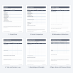 All six actual blank pages of the Home Project Planner US Letter PDF, in order: 1. Project Brief, 2. Quote Comparison, 3. Materials and Selections, 4. Task and Decision Log, 5. Spending and Receipts, 6. Open Items and Closeout Notes. The pages are printed and filled in by hand.