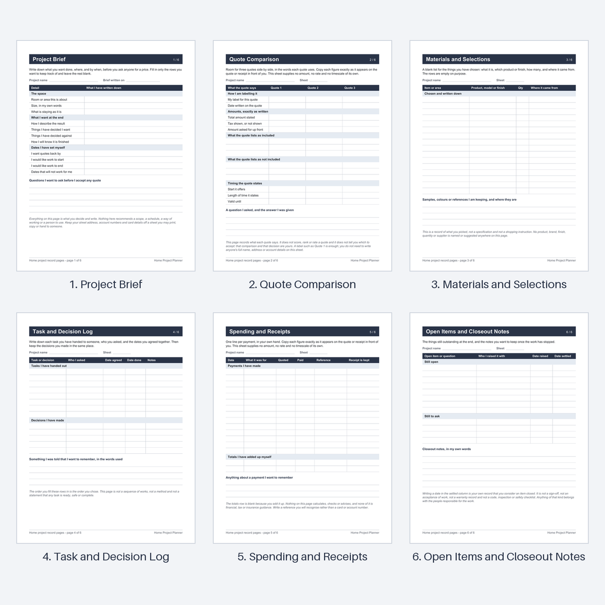 All six actual blank pages of the Home Project Planner US Letter PDF, in order: 1. Project Brief, 2. Quote Comparison, 3. Materials and Selections, 4. Task and Decision Log, 5. Spending and Receipts, 6. Open Items and Closeout Notes. The pages are printed and filled in by hand.