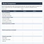Actual blank page 2 of the Home Project Planner, Quote Comparison, shown from the US Letter PDF (upper part of the page): columns for Quote 1, Quote 2 and Quote 3, with rows for your label, the date on the quote, the amounts exactly as written, what it lists as included and not included, and the timing it states. The pages are printed and filled in by hand.