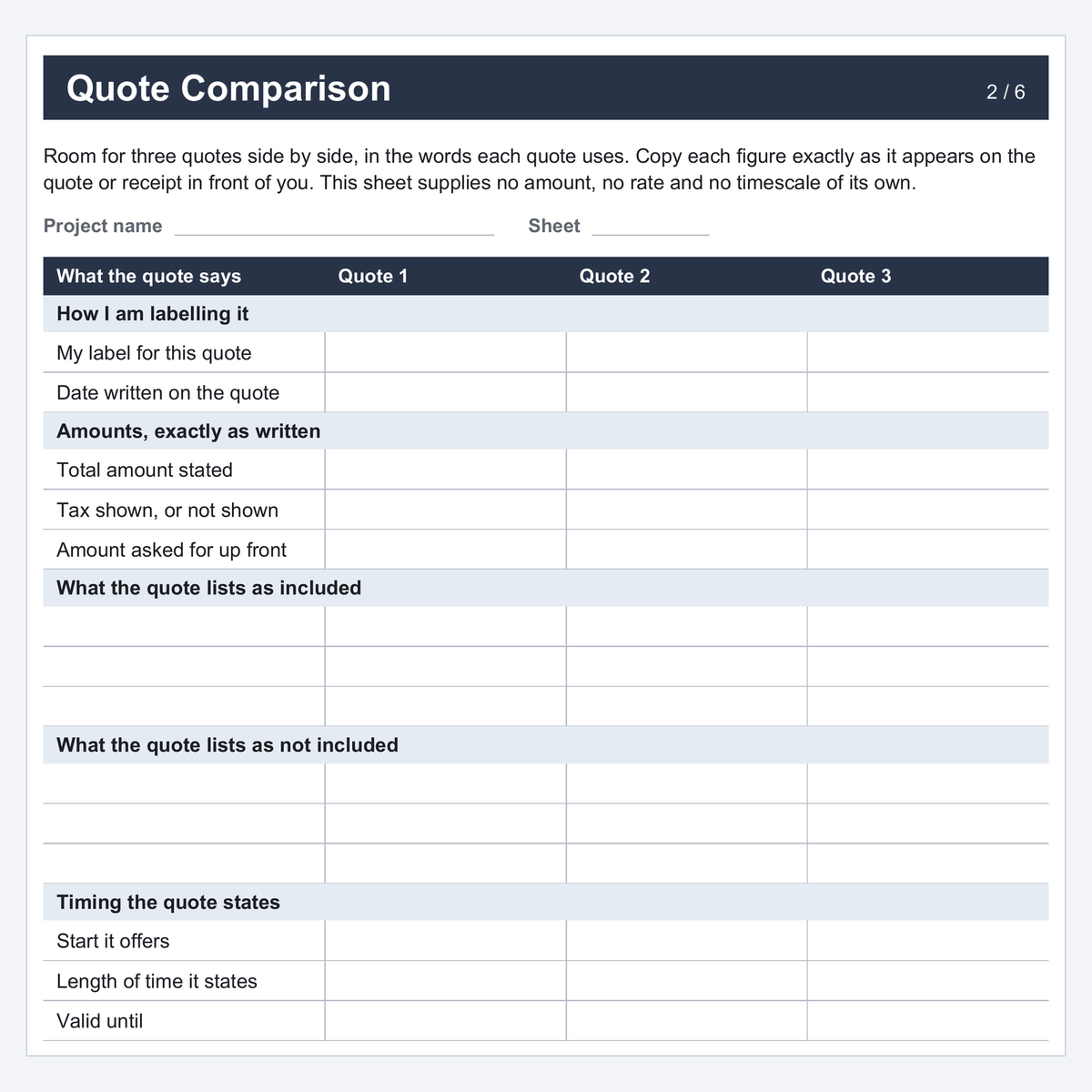 Actual blank page 2 of the Home Project Planner, Quote Comparison, shown from the US Letter PDF (upper part of the page): columns for Quote 1, Quote 2 and Quote 3, with rows for your label, the date on the quote, the amounts exactly as written, what it lists as included and not included, and the timing it states. The pages are printed and filled in by hand.