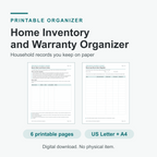 Home Inventory and Warranty Organizer: a six-page printable household records set, shown with its Quick Start and Room Index page and its Room-by-Room Item Register page. Marked 6 printable pages, US Letter and A4. Digital download, no physical item is shipped.