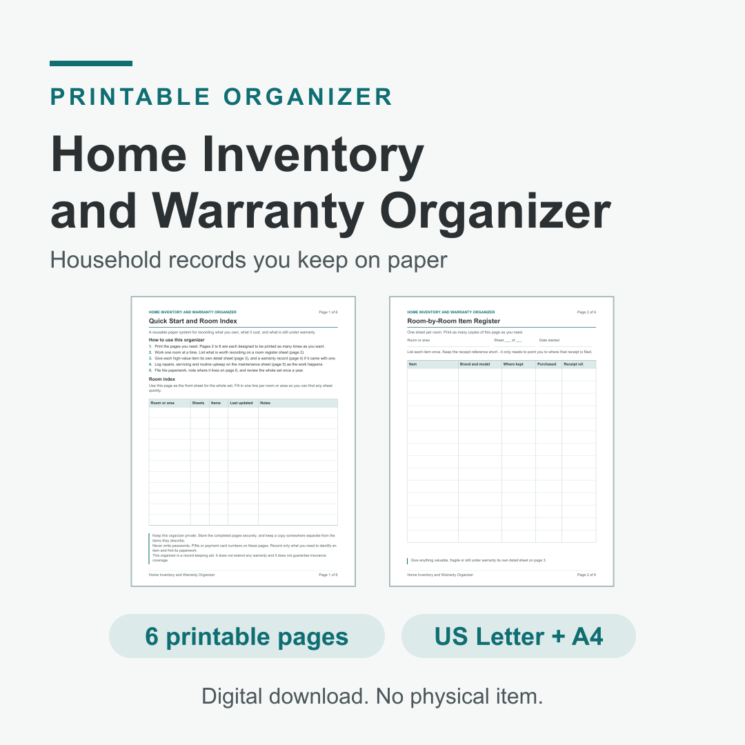 Home Inventory and Warranty Organizer: a six-page printable household records set, shown with its Quick Start and Room Index page and its Room-by-Room Item Register page. Marked 6 printable pages, US Letter and A4. Digital download, no physical item is shipped.