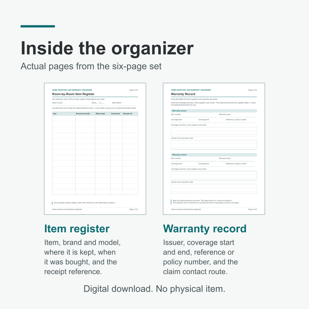 Two pages from the six-page set: the Room-by-Room Item Register, with columns for item, brand and model, where it is kept, when it was bought and the receipt reference; and the Warranty Record, with issuer, coverage start and end, reference or policy number and the claim contact route. Digital download, no physical item.