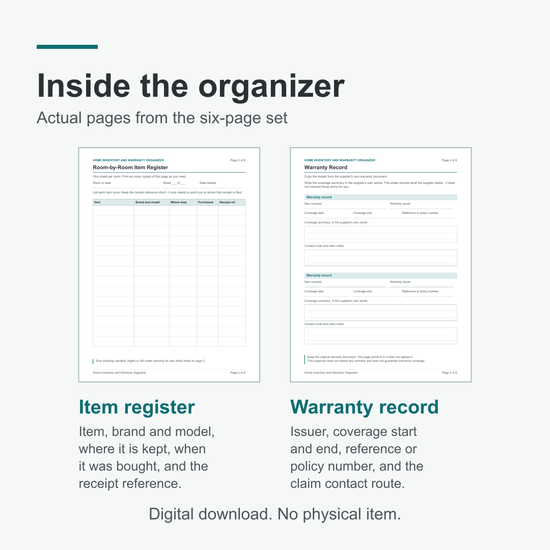 Two pages from the six-page set: the Room-by-Room Item Register, with columns for item, brand and model, where it is kept, when it was bought and the receipt reference; and the Warranty Record, with issuer, coverage start and end, reference or policy number and the claim contact route. Digital download, no physical item.