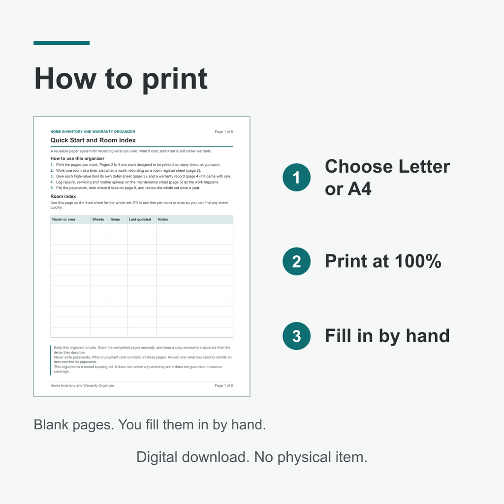 How to print: the Quick Start and Room Index page beside three steps - choose Letter or A4, print at 100 percent, fill in by hand. The pages are blank and are filled in by hand after printing, not on screen. Digital download, no physical item.