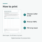 How to print: the Quick Start and Room Index page beside three steps - choose Letter or A4, print at 100 percent, fill in by hand. The pages are blank and are filled in by hand after printing, not on screen. Digital download, no physical item.