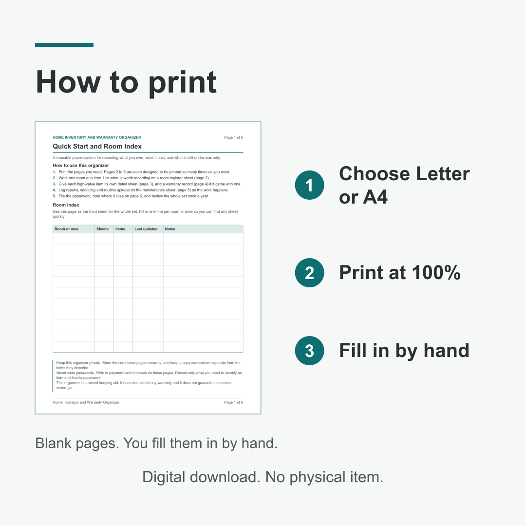 How to print: the Quick Start and Room Index page beside three steps - choose Letter or A4, print at 100 percent, fill in by hand. The pages are blank and are filled in by hand after printing, not on screen. Digital download, no physical item.