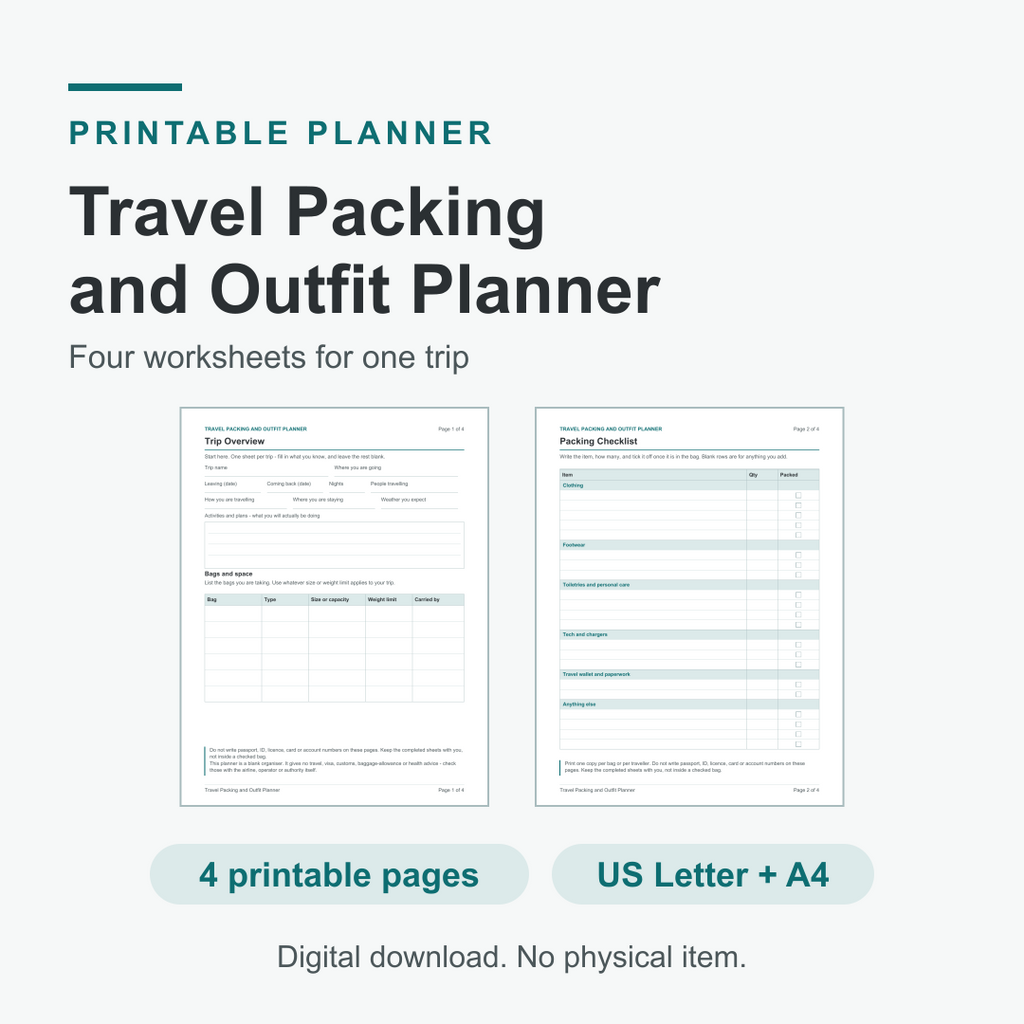 Travel Packing and Outfit Planner cover: four printable worksheets for one trip, showing the Trip Overview and Packing Checklist pages. Labelled 4 printable pages and US Letter plus A4. Digital download, no physical item.
