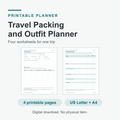 Travel Packing and Outfit Planner cover: four printable worksheets for one trip, showing the Trip Overview and Packing Checklist pages. Labelled 4 printable pages and US Letter plus A4. Digital download, no physical item.