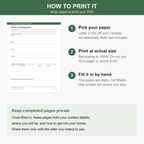 Printing preview: the actual blank routine and feeding notes sheet beside three steps to print your PDF - pick your paper, Letter or A4; print at actual size with scaling at 100 percent, not fit to page; fill it in by hand because the pages are static, not fillable. A panel below says to keep completed pages private and share them only with the intended sitter.