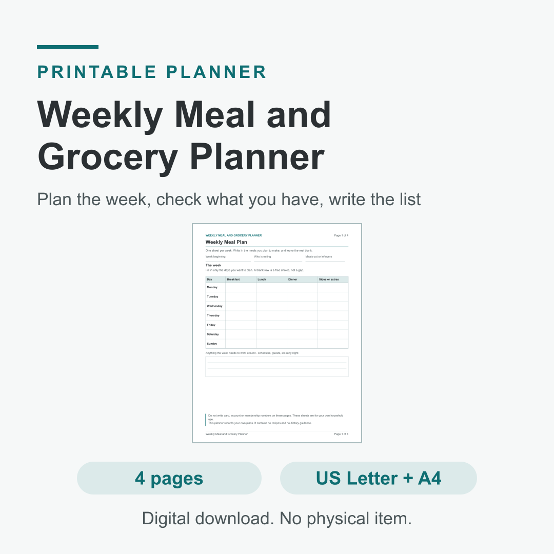 Cover graphic for the Weekly Meal and Grocery Planner showing page one, the weekly meal plan, with labels reading 4 pages, US Letter plus A4, and digital download, no physical item.
