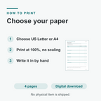Three numbered printing steps - choose US Letter or A4, print at 100% with no scaling, write it in by hand - beside a thumbnail of the grocery list page.
