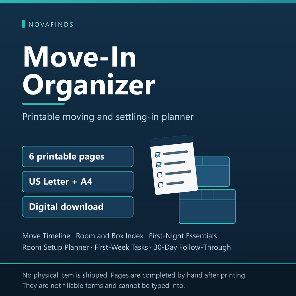 Move-In Organizer cover: a printable set of six pages for planning a move and settling in. Supplied as US Letter and A4 PDFs. Digital download, no physical item is shipped. The pages are printed and completed by hand and are not fillable on screen.